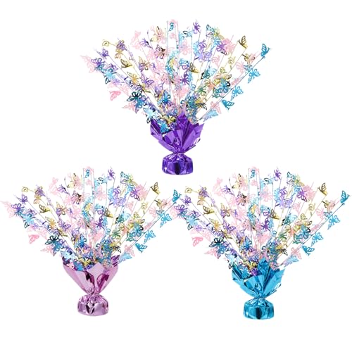 Ceenna 3 Piece Butterfly Table Decorations Metallic Gleam Foil Spray Centerpieces Multicolor Butterflies Model Glitter Plastic Table Centerpieces for Butterfly Birthday Party Supplies