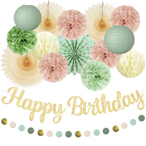 Boho Forest Green Birthday Party Decor Kit with Paper Flowers, Lanterns, Fans, Gold Banner & Garland for Nature-Themed Backdrops, Photo Booth, Garden Party Decorations