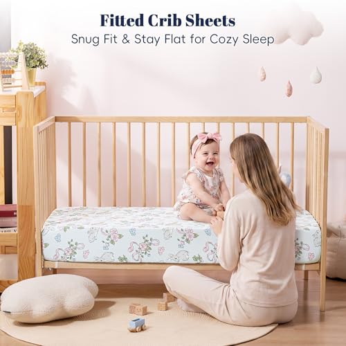 Image of PHF Soft Crib Sheet Fitted, 2 Pack Baby Sheets for Girls, 28x52x9 in Fits Standard Crib and Toddler Mattresses, Silky Comfy Breathable Polyester Baby Mattress Sheets, Rabbit & Floral