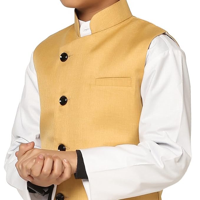 tututree Boys Black Nehru Jacket | Kids Indo-Western Waistcoat, Modi Coat, Sleeveless Kurta Vest for Wedding, Party & Ethnic Wear | Adjustable Fit | Ages 3–14 Years (Golden, 13 to 14 Y) 2