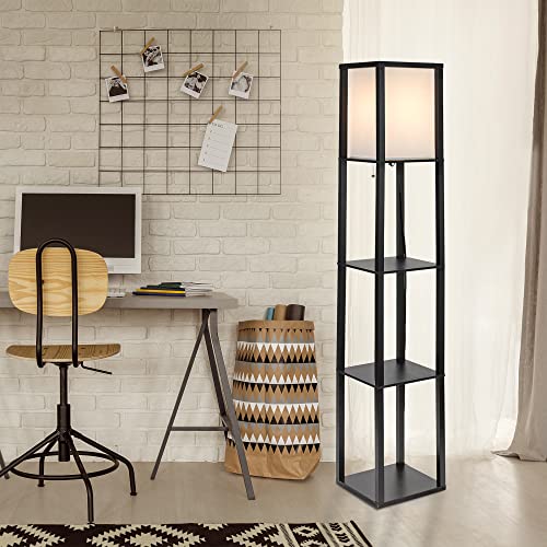 Catalina Lighting 17559-011 Modern Faux Wood Floor Lamp With Shelves And Ivory Linen Shade, 63", Classic Black #TOP4