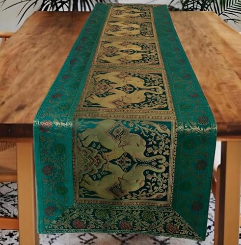 Image of Decorative Handmade Silk Table Runner Golen Brocade Dinning Table & Centre Table Top Decor Rectangular Runners Bed Runners Table Cloth for Wedding (152 X 40 CM ) (Green)