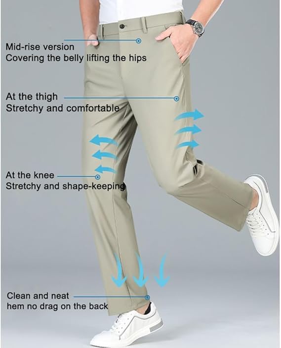 Dualego Super Stretch Ice Silk Comfort Everyday Pants, Rovenfit Men's Stretch Golf Pants Slim Fit Lightweight Trousers