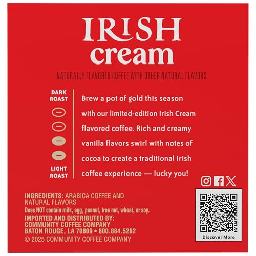 Image of Community Coffee Irish Cream Flavored Coffee Pods, 10 count, Medium Roast Compatible with Keurig 2.0 K-Cup Brewers, 10 Count (Pack of 1)