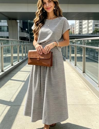 Image of Zontroldy Women's Summer 2 Piece Outfits Striped Skirt Sets Cap Sleeve Crop Top Midi Dress Matching Travel Outfits