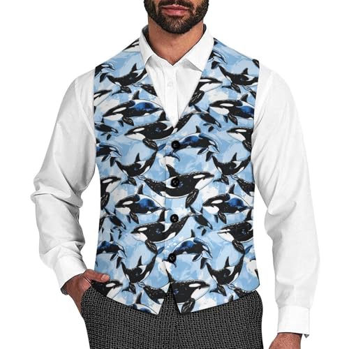 Killer Whale Orca Suit Vest for Men Slim Fit Tuxedo Waistcoat Button V Neck Business Coat