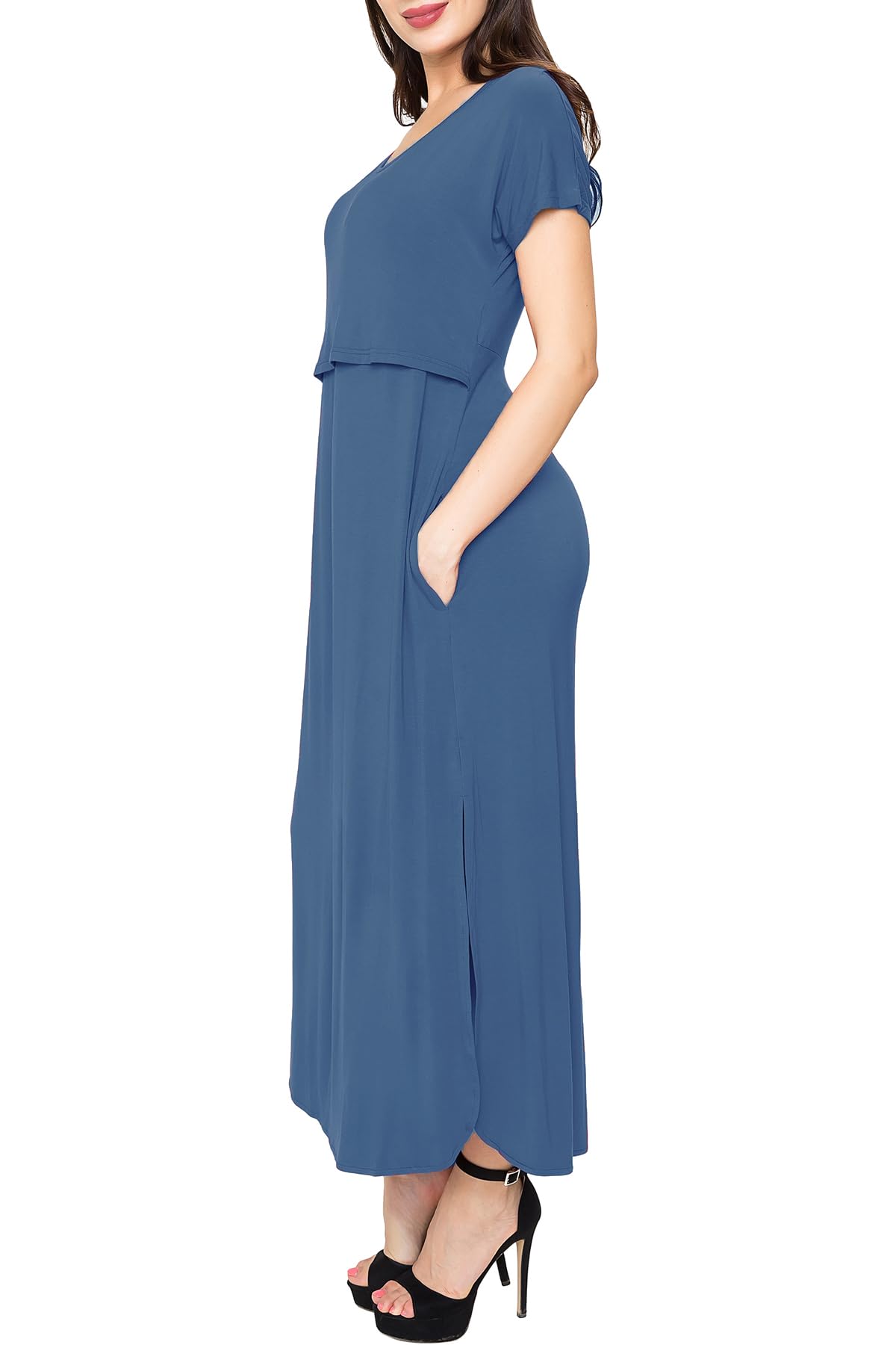 Smallshow Damen Lang Split Stillkleid Kurzarm Umstandskleid Sommer