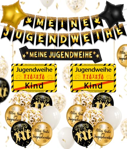 Meine Jugendweihe Deko Set Schwarz Gold Party Dekoration mit Banner Türschild Luftballons Komplettes Jugendweihe Geschenk & Partyset für Mädchen & Jungen