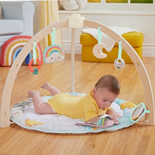 Image of B. toys Wooden Baby Gym, Sunrise to Sunset Play Mat with Toys | Soft organic cotton mat, wooden arch, 5 sensory toys, mirror, tummy time activities, movable hangers, Newborn