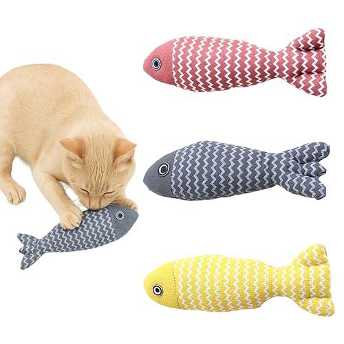 Funfy Giochi per gatti: set 3 pesciolini di pezza con catnip e suono crinkle, peluche resistenti per dentizione e gioco interattivo – pesce pupazzo divertente per gatti domestici