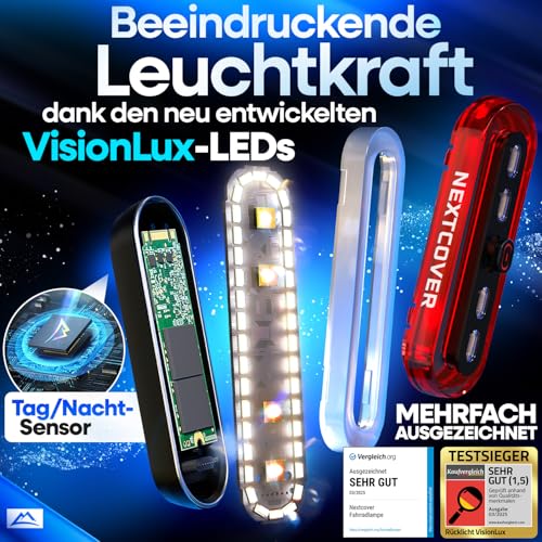 NEXTCOVER® Rücklicht Fahrrad mit [VisionLux] LEDs und Bremslicht I StVZO zugelassen I LED Fahrradrücklicht mit 8 Stunden Akku I Fahrradlicht hinten für Rennrad, E-Bike, Rücklicht blinkend