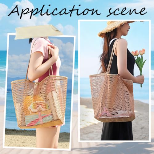 Image of Mesh Beach Bags for Women Summer Travel Tote Bag with Large Inner Pocket Foldable Sandproof Woven Shoulder Handbag Lightweight Vacation Cruise Tote for Beach Swimming Pool Poolside Gym