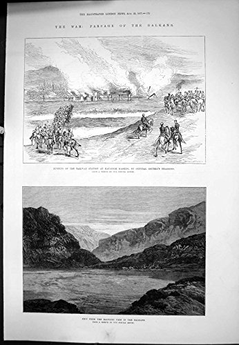 Old-print Copie Antique de Passage Balkans Kayadzik Haskioi 1877 Ferroviaire Brûlant de Guerre Old-print Copie Antique de Passage Balkans Kayadzik Haskioi 1877 Ferroviaire Brûlant de Guerre