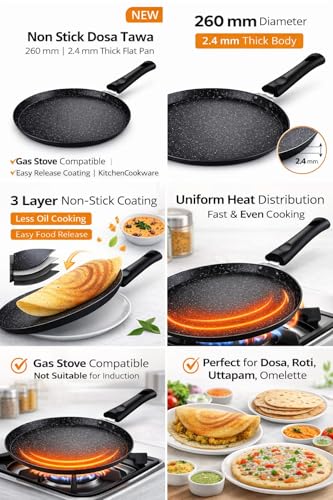 Image of Non Stick Granite Dosa Tawa for Gas Stove | Flat Roti Chapati Tawa Pan | Heavy Duty Pancake & Crepe Pan with Handle | Ideal for Dosa, Uttapam, Paratha & Breakfast Cooking