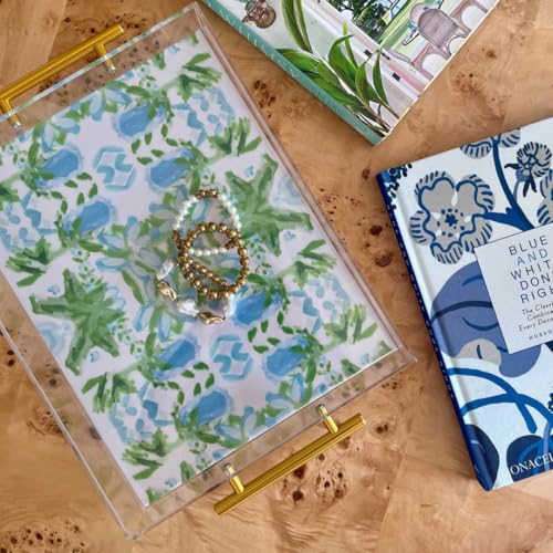Acrylic Serving Tray with Gold Handles - 11"x14" Decorative Clear Tray, Green and Blue Watercolor Botanical - Vanity, Cofee Table, Bar Cart, or Bathroom Organizer - Image 7