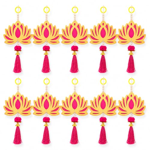 Image of JH Gallery Pink Tassel Lotus for Ganpati Decoration Items for Home - Handmade Ganesh Chaturthi Backdrop Decoration, Mandir & Balcony Hanging (8 Inch, Pack of 10)