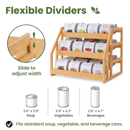 HOMESTEAD-Bamboo-Can-Organizer-for-Pantry-3-Tier-Rack-with-Adjustable-Dividers-Gravity-Feed-Canned-Goods-Organizer-36-Cans-Soda-Storage