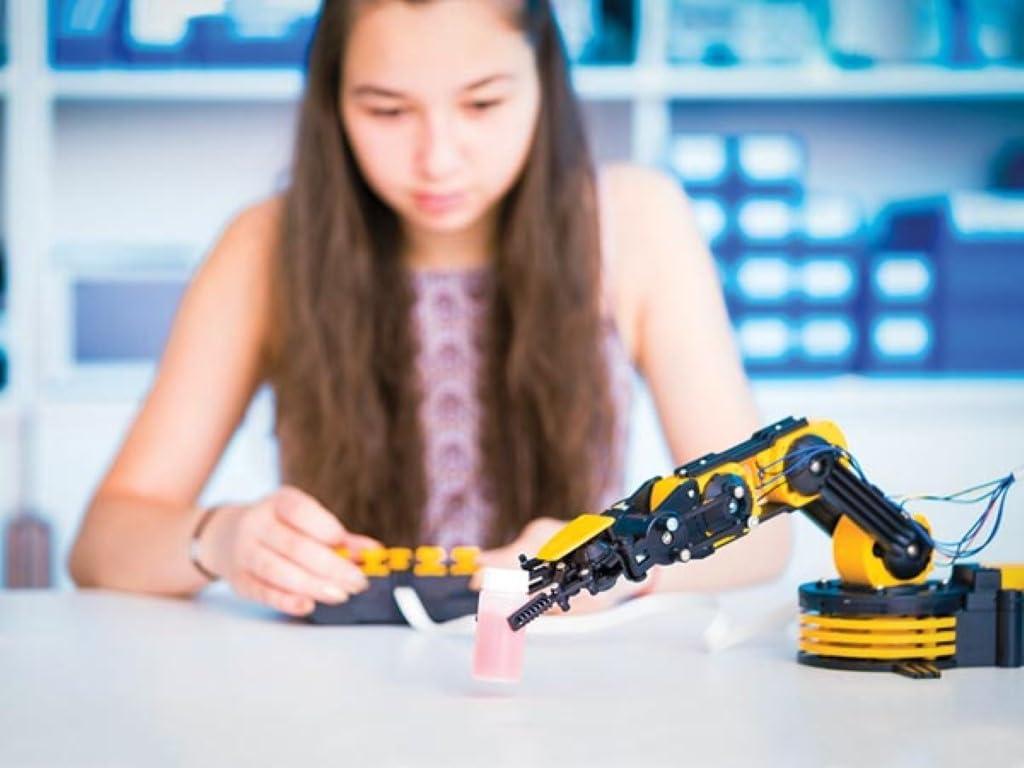 Velleman Edukacyjne ramię robota z 5 silnikami, ruchomymi przegubami i światłem LED, zestaw STEM dla młodzieży i dorosłych, robot do samodzielnego złożenia na baterie