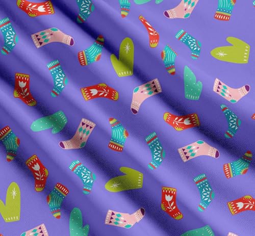 Image of Soimoi Purple Cotton Cambric Fabric Socks & Gloves Folk Art Print Sewing Fabric Meter 56 Inch Wide