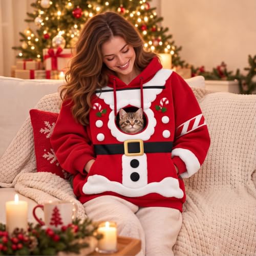 Christmas Pet Pouch Hoodie Women Men Y2K Fleece Sweat Shirt Kangaroo Pocket - image 2