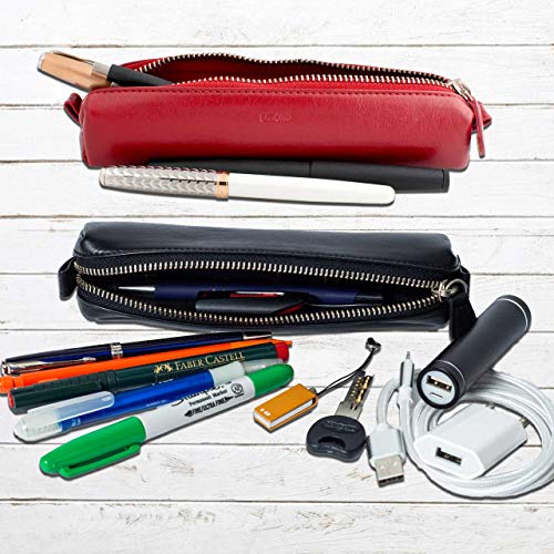 Image of DiLoro Leather Zippered Fountain Ballpoint Rollerball Pens and Pencils Case Holder Pouch Genuine Full Grain Soft Nappa Leather (Red)