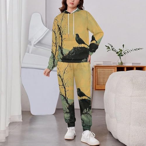 Boys Girls Hoodie Pants Hooded Sweatshirt Sweatpant 2 Piece Clothing Set, Blue Moon Bird Vintage2
