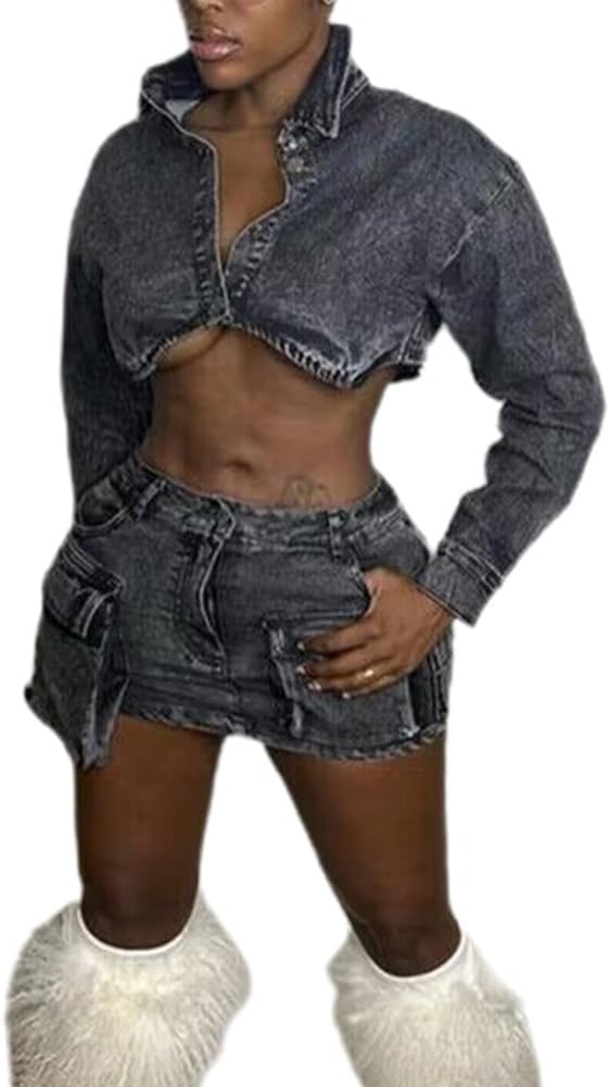 ジャケット・アウター Denim Blouson & Balloon Skirt Set Amazon.com: Molilove 2 Piece Outfits Women Denim Skirt Set with