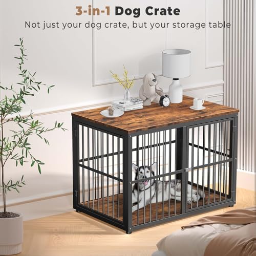 Lyromix 43'' XL Dog Crate Furniture with 3 Doors for Medium to Large Dogs | Wooden Kennel End Table, Heavy Duty Indoor Cage for Golden Retriever Labrador, Multiple Units Can be Combined, Rustic Brown - Image 3