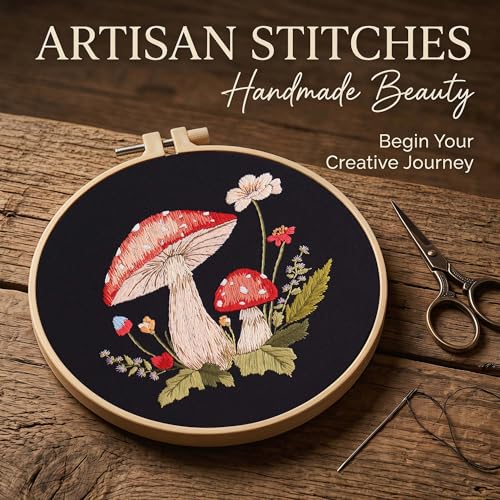 Image of Harimau Adult Beginner Embroidery Starter Kit, Complete Set with 4 Patterns, 2 Hoops, Needles, Scissors, Instruction Guide & Stitching Video Tutorials
