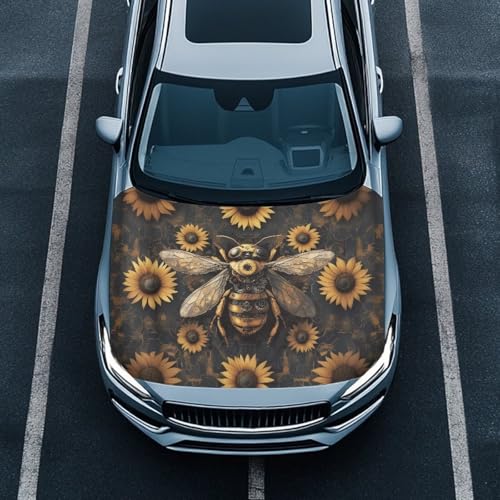 Image of Car Hood Cover Stretch Polyester Car Hood Protector Mechanical Bee Print Car Hood Flag Waterproof Car Exterior Accessories for Most SUVs Sedans Trucks Pickups