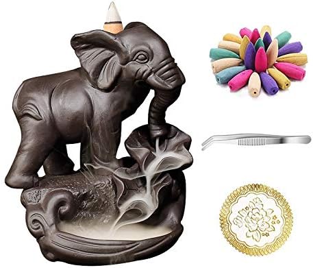 OMME Backflow Incense Burner Incense Holder Elephant Antique Ceramic Aromatherapy Ornament Home Décor Yoga + 20 Upgraded Incense Cones (Elephant)