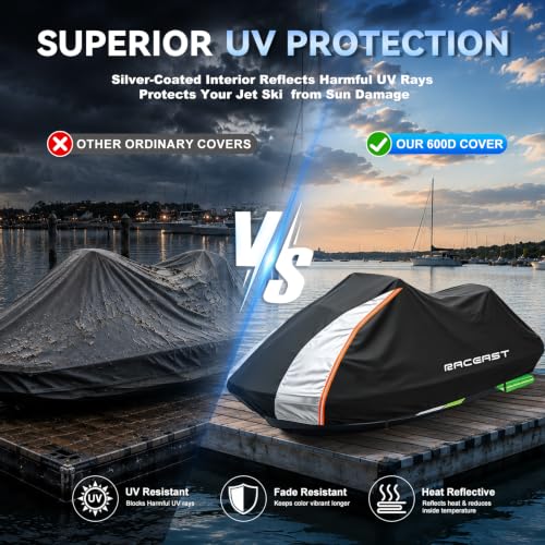 Image of Jet Ski Cover 136-145 Inch, 600D Heavy Duty Trailerable PWC Cover | Waterproof UV Resistant, Fits Seadoo Yamaha Kawasaki Personal Watercraft, Personal Watercraft Cover for 3 Seater Jet Ski