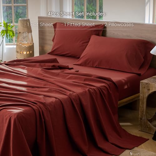 Image of MooMee Sheet Set 100% Washed Cotton Linen-Like Extra Deep Pocket Queen | Relaxed Linen-like Texture. Soft, Breathable & Lightweight Comfort. 15-19 inch Extra Deep Pocket with All-around Elastic