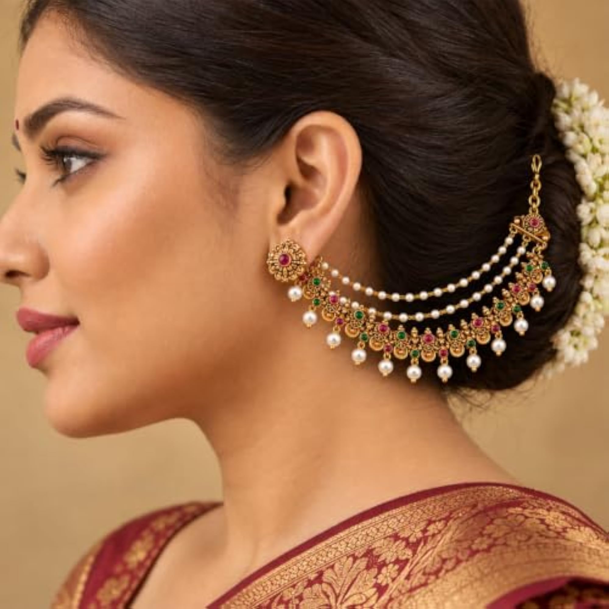 Women's Traditional 18K Gold Plated Three Layered Pearl Long Earrings