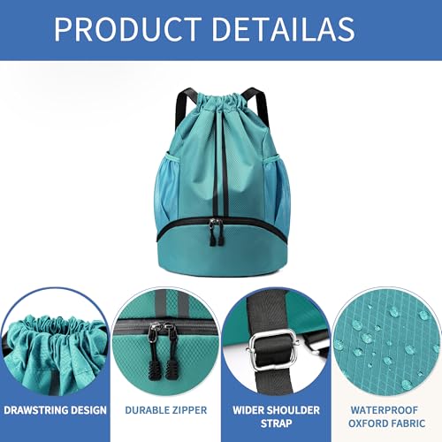Image of JELUTAR Drawstring Backpack Gym Bag with Shoes Compartment, Teal | Water-Resistant String Backpack for Soccer, Basketball, Swim, Beach Cinch for Women Men, 22 L Large Capacity, Wet Pocket