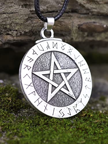 HAQUIL Pentagram Pentacle Necklace, Wiccan Runes Futhark Pentagram Pendant Necklace, Faux Leather Cord3