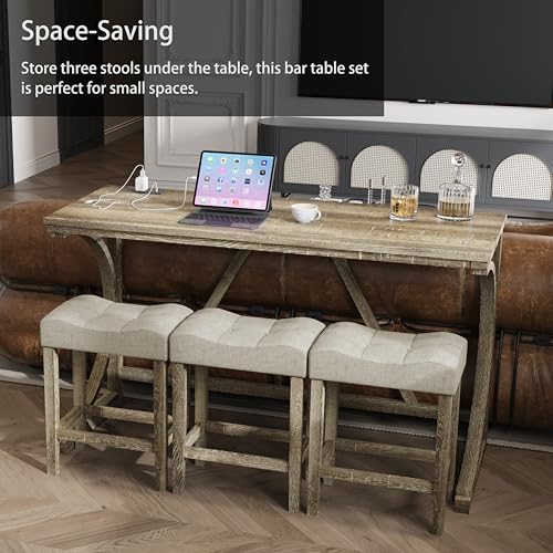 4-Piece Counter High Bar Table Set with Socket and 3 Fabric Padded Bar Stools, Tall Kitchen Breakfast Nook with Stool (1+3 Natural) - Image 7