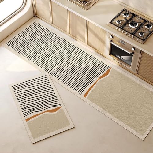 Alfombra Cocina 50X80Cm+50X160Cm Negro Beige Modernas Lavables Alfombras De Cocina Antideslizantes, Antiincrustante, Duradero,Anti Fatiga para Salón, Dormitorio,Baño, Pasillo