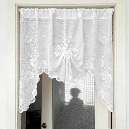 Image of HASTHIP White Lace Curtain 100x100cm, Embroidered Cafe Window Valance
