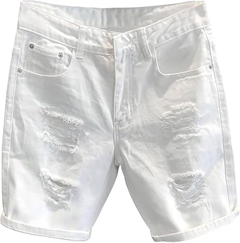 Men's Cut-Off Short Slim Ripped Fashion Denim Shorts Distressed Straight Hole Stretch Casual Jean Shorts (White-8,33)