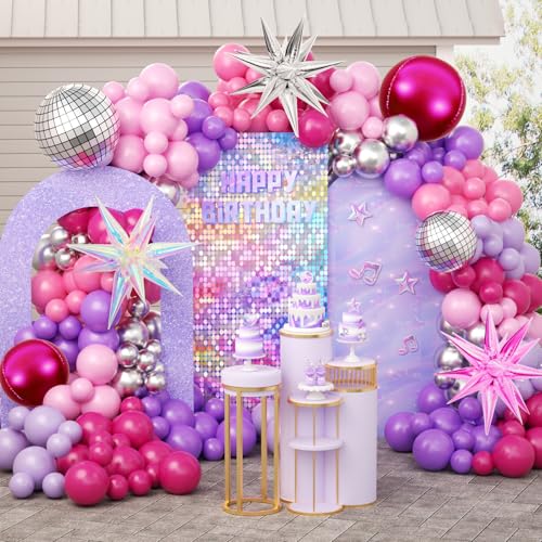 JOGAMS 172Pcs K-Pop Music Balloon Arch Kit Metallic Silver Purple Pink Balloons Garland with Iridescent Star Disco Foils Balloons for Concert-Style Birthday Idol Showcase Fan Support Party Decor