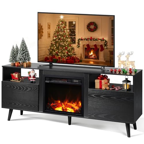 For 55 65 Inch Tv, Mid-century Entertainment Center With Electric Fireplace, Media Tv Console With Extra Open Shelf & Storage Cabinets For Living Room, Bedroom, Black