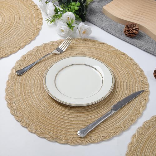 fanquare Round Woven Set of 8 Placemats, Khaki Cotton Braided Place Mats - Image 3