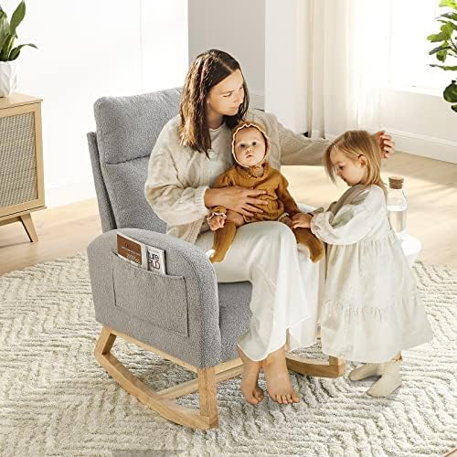 Antetek Rocking Glider Chair for Nursery, Modern Teddy Accent Rocker Chair Upholstered Tall Back Arm Chair w/Side Pockets, Modern Leisure Single Sofa for Living Room, Hotel, Bedroom, Office, Grey