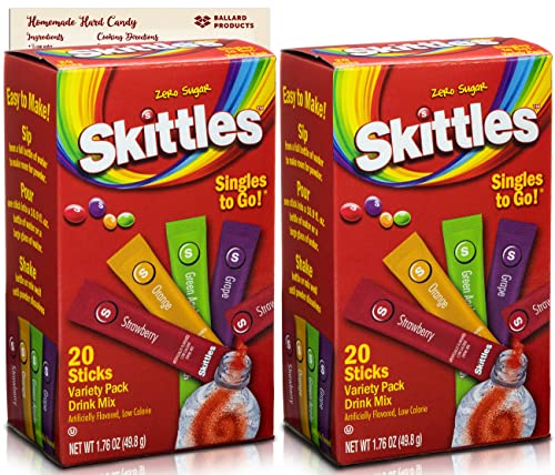 Skittles Singles to Go Drink Mix Packets | 2 Pack - 40 Total Water Flavor Packets | Zero Sugar Drink Packets | Bundled with Ballard Hard Candy Recipe Card