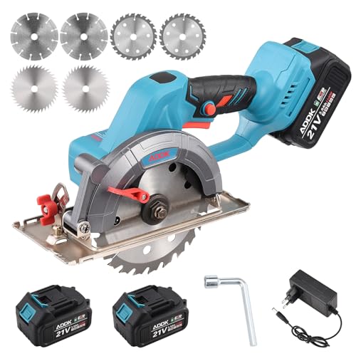 Mini sierra circular de batería, sierra circular eléctrica portátil sin escobillas de 21 V, sierra circular profesional con 2 baterías de 3.0Ah y 6 cuchillas para cortar azulejos, metal y (B)