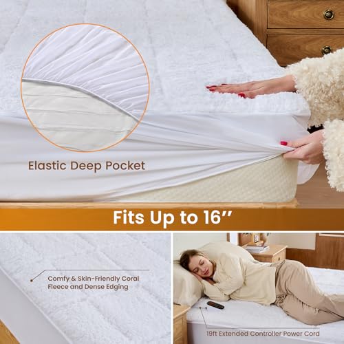 Image of Bearhug Electric Heated Mattress Pads Full Size 54x75 inch Sherpa Bed Warmer with 16 inch Deep Pocket 10 Heat Settings 12-Hour Timer Machine Washable White
