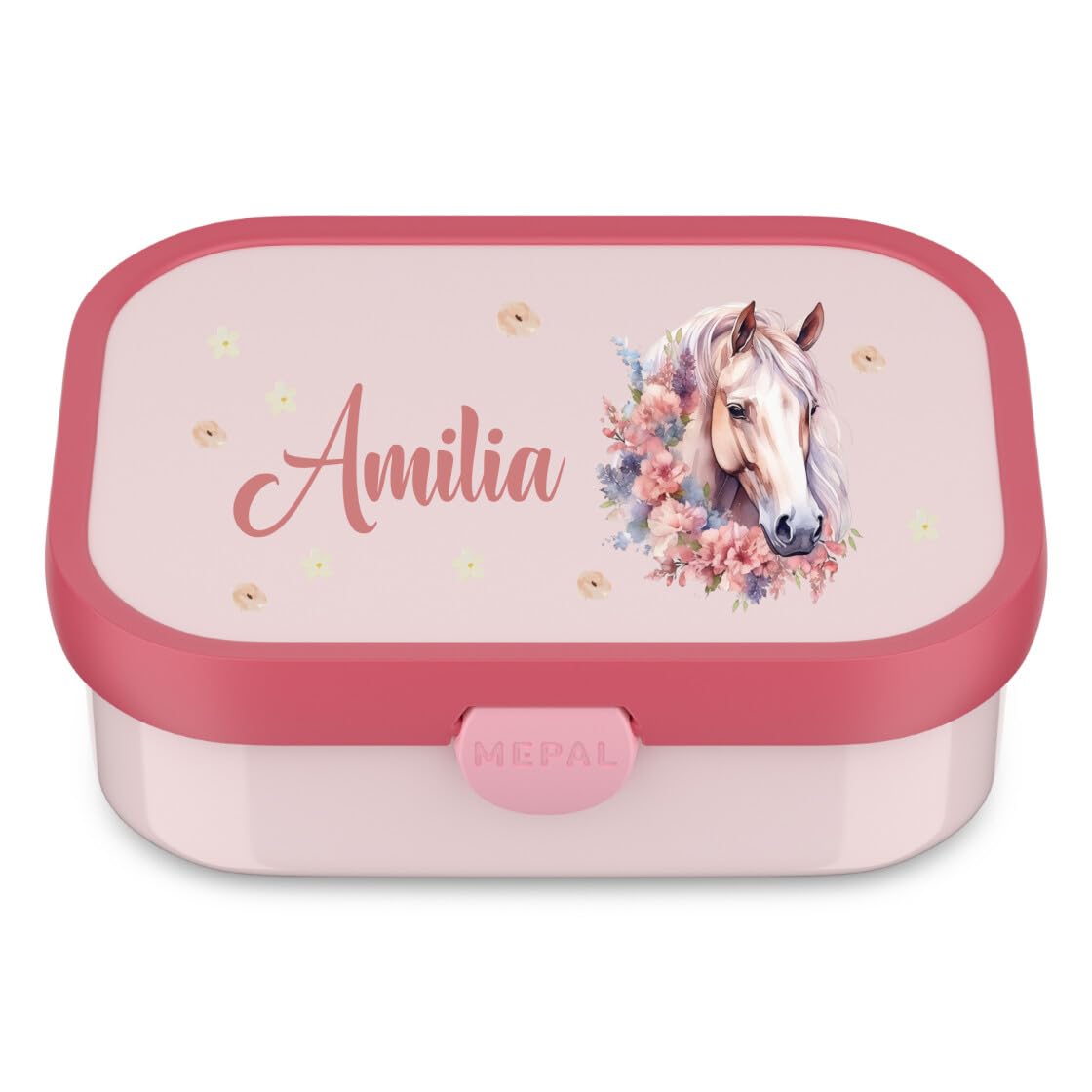 Mepal Set Brotzeitdose & Trinkflasche personalisiert, Brotdose Kinder mit Fächern, Lunch Box & Wasserflasche mit Name, auslaufsicheres Bento Box Set mit buntem Aufdruck Pferd (pink)