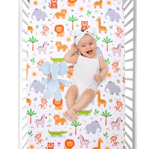 Image of Cloele Jungle Animal Fitted Crib Sheet,Toddler Bed Sheet,52x28in,1 Pack | Baby Crib Mattress Sheet,for Standard Crib and Toddler Mattresses, Baby Nursery Bed Sheet, Infant Toddler Sheet