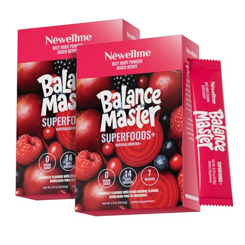 NEWELLME Balance Master Super Reds Powder Stick Packs Beet Root Drink Mix with Prebiotic Fiber Probiotics & Enzymes Nitric Oxide Support 0 Sugar Added Mixed Berry 28 Count